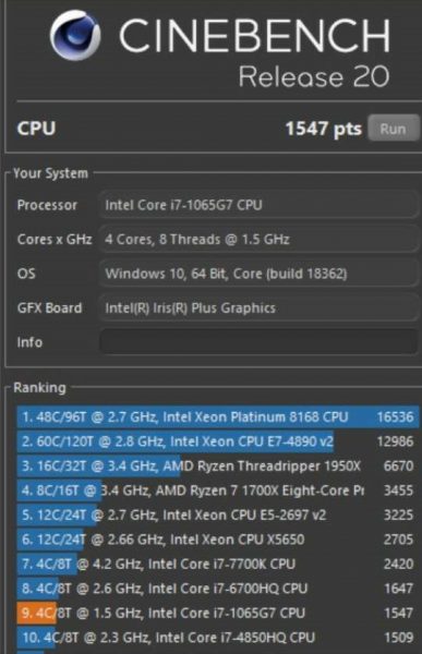 Core i7-1065G7 no benchmark Cinebench R20